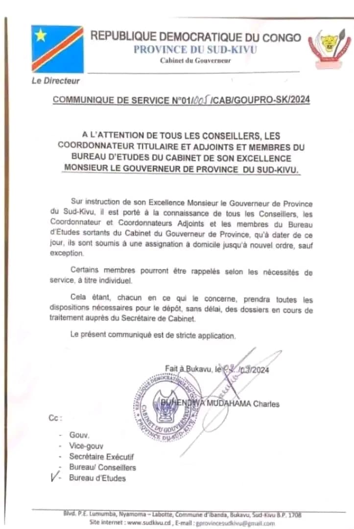 Lire la suite à propos de l’article Sud-Kivu : Remue-ménage au gouvernorat de province. Un tollé en perspective sur les indemnités de sortie.
