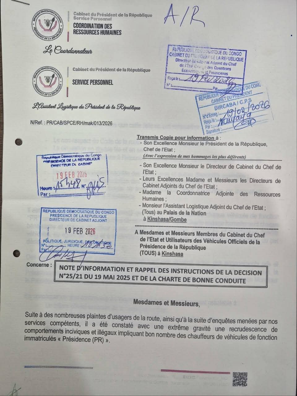 You are currently viewing Kinshasa : appel au civisme des utilisateurs de véhicules de la Présidence de la République sur la voie publique.